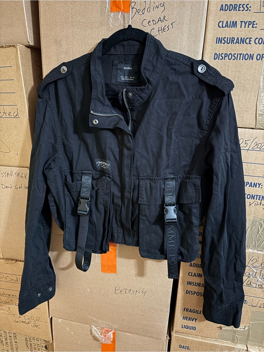 Bershka Black Cropped Utility Jacket with Buckle Straps